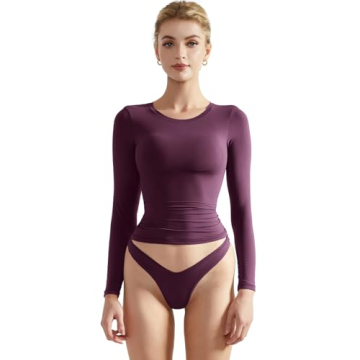 SUUKSESS Women Double Lined Fitted Basic Tee Shirts Crew Neck Long Sleeve Going Out Crop Tops (Plum,...
