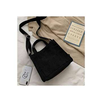 Danling&Unique Small Corduroy Pocket Tote Bag - Casual Black Handbag
