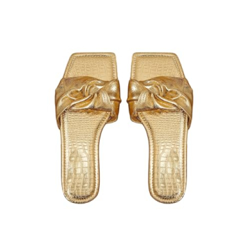 OYOANGLE Women's Metallic Sparkly Ruched Square Open Toe Side Sandals Ruched Single Band Flat Sandal...