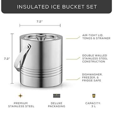 JoyJolt Metal Double Wall Ice Bucket with Lid, Ice Tongs and Strainer. 3L Insulated Ice Bucket for Cocktail Bar, Wine, Home Bar Accessories, Parties, Champagne Bucket. Stainless Steel Ice Buckets