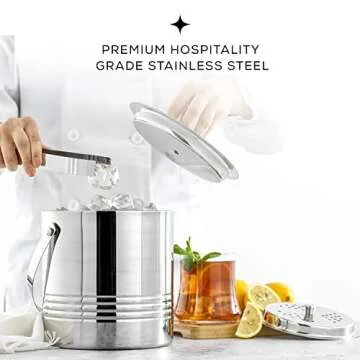 JoyJolt Metal Double Wall Ice Bucket with Lid, Ice Tongs and Strainer. 3L Insulated Ice Bucket for Cocktail Bar, Wine, Home Bar Accessories, Parties, Champagne Bucket. Stainless Steel Ice Buckets