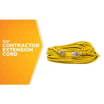 Woods 992555 12-Gauge Extra Heavy Duty 100 ft, Yellow 3 Prong Outdoor Extension Cord Clip, Water Res...