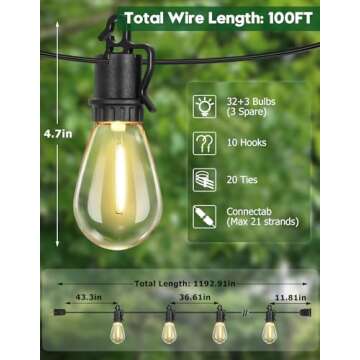 TDLOL 100FT Outdoor String Lights Waterproof, Patio Lights with 35 S14 Shatterproof Sockets, Connect...