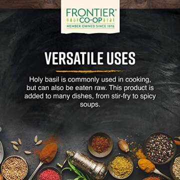 Frontier Co-op Organic Tulsi Holy Basil Herb, 8oz Bulk Bag - Highly Aromatic with Minty Flavor - Perfect for Cooking, Tulsi Tea & Herbal Uses, Kosher