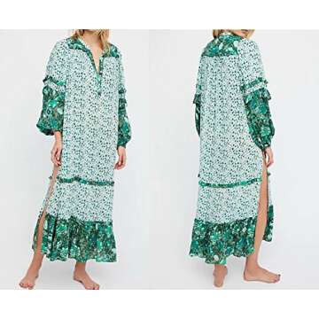 R.Vivimos Women's Long Sleeve Floral Print Bohemian Maxi Dresses with Slit (Large, Green)