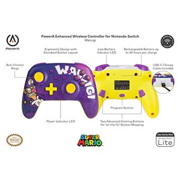 PowerA Enhanced Wireless Controller for Nintendo Switch - Waluigi, Nintendo Switch Lite, Gamepad, game controller, Bluetooth controller, rechargeable