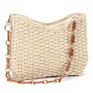 Straw Bag for Women, Lightweight Woven Straw Shoulder Bag, Summer Handmade Beach Tote with Chain, Ec...