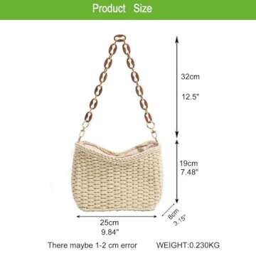 Straw Bag for Women, Lightweight Woven Straw Shoulder Bag, Summer Handmade Beach Tote with Chain, Eco-Friendly Vacation Purse for Travel, Shopping