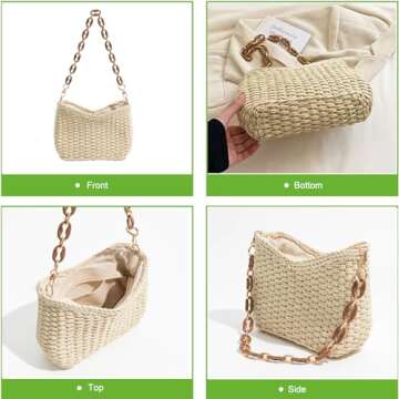 Straw Bag for Women, Lightweight Woven Straw Shoulder Bag, Summer Handmade Beach Tote with Chain, Eco-Friendly Vacation Purse for Travel, Shopping