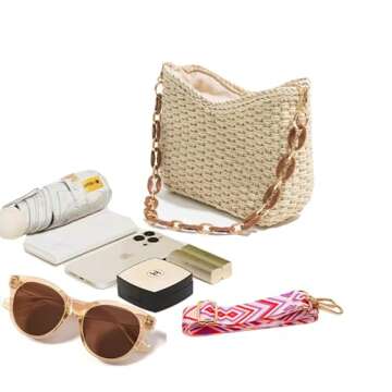 Straw Bag for Women, Lightweight Woven Straw Shoulder Bag, Summer Handmade Beach Tote with Chain, Eco-Friendly Vacation Purse for Travel, Shopping