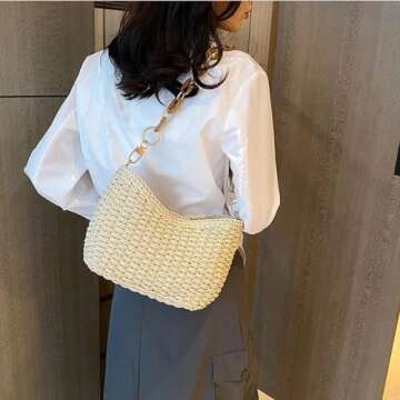 Straw Bag for Women, Lightweight Woven Straw Shoulder Bag, Summer Handmade Beach Tote with Chain, Eco-Friendly Vacation Purse for Travel, Shopping