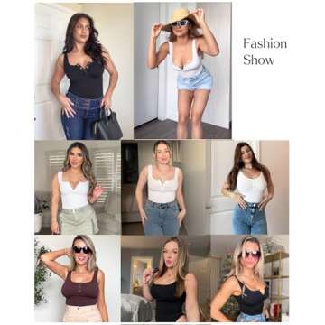 Popilush Bodysuits for Women Tummy Control Henley Going Out Shirts Tops Button Down Black Body Suit Casual Sleeveless Thong Tank Top