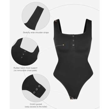 Popilush Bodysuits for Women Tummy Control Henley Going Out Shirts Tops Button Down Black Body Suit Casual Sleeveless Thong Tank Top