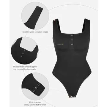Popilush Bodysuits for Women Tummy Control Henley Going Out Shirts Tops Button Down Black Body Suit Casual Sleeveless Thong Tank Top
