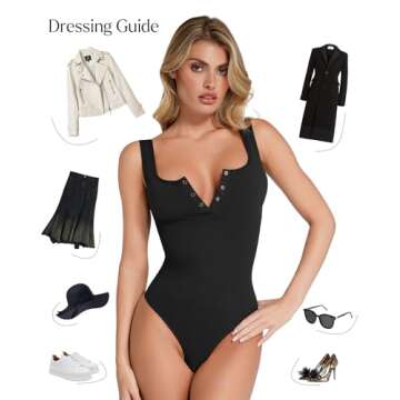 Popilush Bodysuits for Women Tummy Control Henley Going Out Shirts Tops Button Down Black Body Suit Casual Sleeveless Thong Tank Top