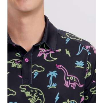 Tipsy Elves Golf Shirts for Men - Performance Athletic Fit Men's Golf Polo Shirts for Men w/Moisture Wicking Stretch Fabric - Men's Black Neon Dinosaur Golf Polo Size XX-Large