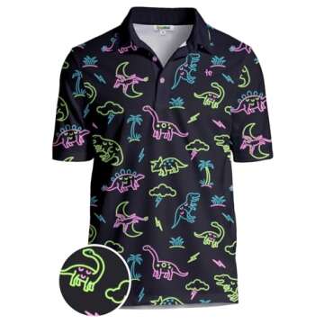 Tipsy Elves Golf Shirts for Men - Performance Athletic Fit Men's Golf Polo Shirts for Men w/Moisture Wicking Stretch Fabric - Men's Black Neon Dinosaur Golf Polo Size XX-Large