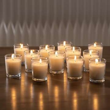 Housecret 24 Pack Warm White Unscented Clear Glass Filled Votive Candles. Hand Poured Wax Candle Ide...