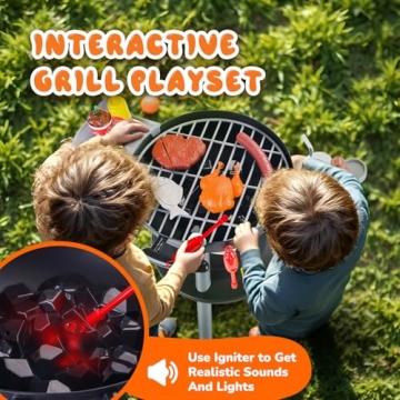47 PCS Kids Kitchen Toys Set, Kids Toy Grill Playset, Interactive Toy BBQ Grill Set with Sound&Light, Pretend Play Outdoor Barbecue Cooking Toys, Christmas Birthday Gift for Kids Boys Girls Ages 3+