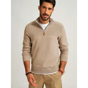 PJ PAUL JONES Men's Quarter Zip Pullover Sweater Casual Mock Neck Polo Sweater with Ribbing Edge Kha...