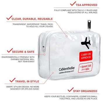 Cableinthebay TSA Approved Clear Travel Toiletry Bag-Quart Sized with Zipper-Airport Airline Complia...