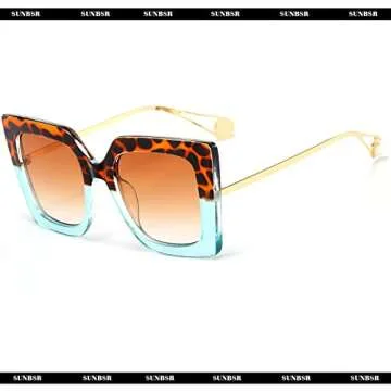 SUNBSR Fashion Oversized Square Sunglasses for Women Classic Big Frame Trendy Cute Cat Eye Style Sunnies (Leopard Blue/Orange Gradient)