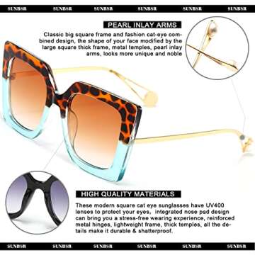 SUNBSR Fashion Oversized Square Sunglasses for Women Classic Big Frame Trendy Cute Cat Eye Style Sunnies (Leopard Blue/Orange Gradient)