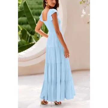 PRETTYGARDEN Women's Summer Flowy Maxi Dress Casual Cap Sleeve V Neck Smocked Beach Sundress (Solid ...