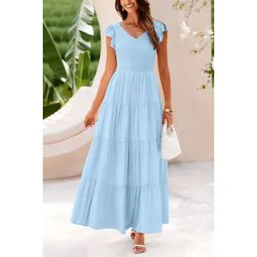 PRETTYGARDEN Women's Summer Flowy Maxi Dress Casual Cap Sleeve V Neck Smocked Beach Sundress (Solid Light Blue,Small)