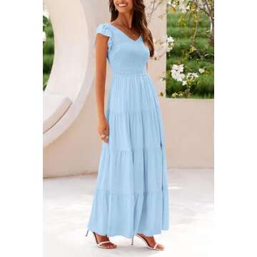 PRETTYGARDEN Women's Summer Flowy Maxi Dress Casual Cap Sleeve V Neck Smocked Beach Sundress (Solid Light Blue,Small)