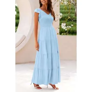 PRETTYGARDEN Women's Summer Flowy Maxi Dress Casual Cap Sleeve V Neck Smocked Beach Sundress (Solid Light Blue,Small)