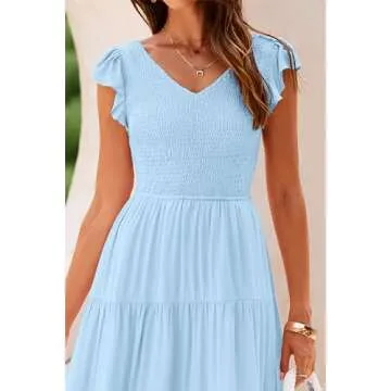 PRETTYGARDEN Women's Summer Flowy Maxi Dress Casual Cap Sleeve V Neck Smocked Beach Sundress (Solid Light Blue,Small)