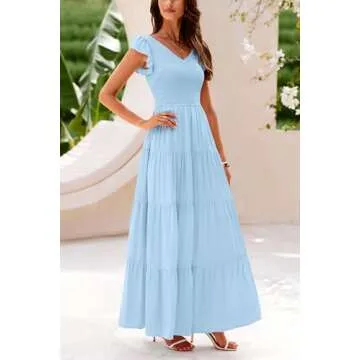 PRETTYGARDEN Women's Summer Flowy Maxi Dress Casual Cap Sleeve V Neck Smocked Beach Sundress (Solid Light Blue,Small)