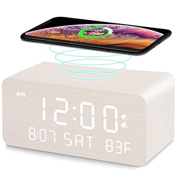Andoolex Wooden Digital Alarm Clock Wireless Charging