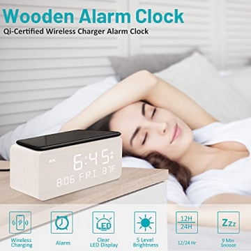 Andoolex Wooden Digital Alarm Clock Wireless Charging