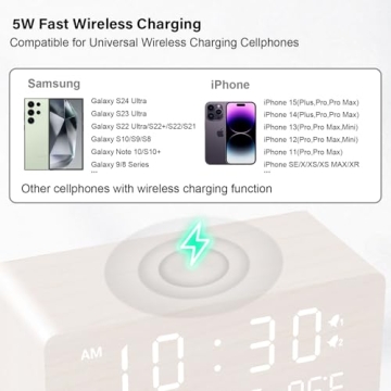 Andoolex Wooden Digital Alarm Clock Wireless Charging