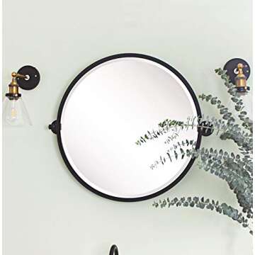 TEHOME 26'' Circle Pivot Bathroom Mirror in Matt Black Metal Frame Round Tilting Beveled Vanity Mirr...