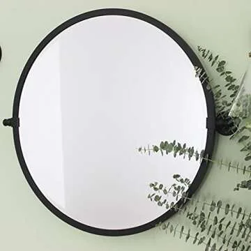 TEHOME 26'' Circle Pivot Bathroom Mirror in Matt Black Metal Frame Round Tilting Beveled Vanity Mirrors for Wall