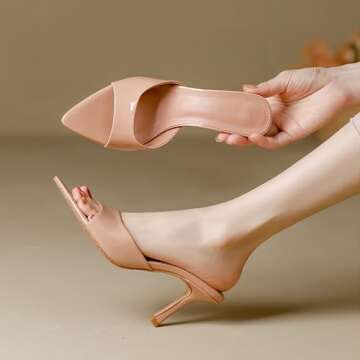 NEKGNL Women Patent Leather Open Toe Stiletto High Heel Peep Sandals Fashion Pointed Toe Slip-on Wedding Office Dress Slide Sandals Sexy Non-Slip Kitten Heel Sandals (Black,7)