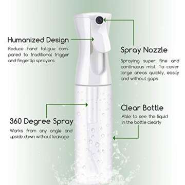 Spray Bottle 10oz- Continuous Ultra Fine 360 Degree Spraying Refillable Water Mister Big Size Plastic Empty Clear Sprayer for Hair Styling, Cleaning Solutions, Indoor Plants, Beauty, Skin Care (White)