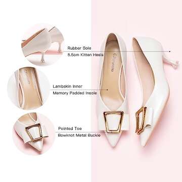 C.Paravano Metal Buckle Pointy Pumps White Bridal Heels Wedding Shoes Dressy Low Heel for Formal Events Work Casual Heels Leather Pumps for Office Attire(White,Size 5.5)