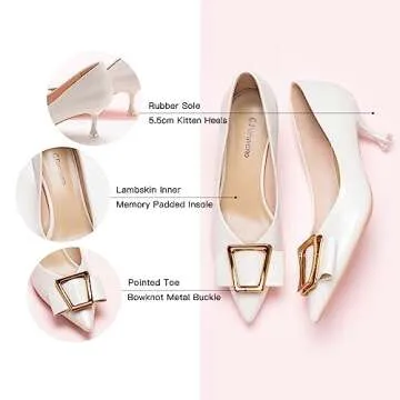 C.Paravano Metal Buckle Pointy Pumps White Bridal Heels Wedding Shoes Dressy Low Heel for Formal Events Work Casual Heels Leather Pumps for Office Attire(White,Size 5.5)