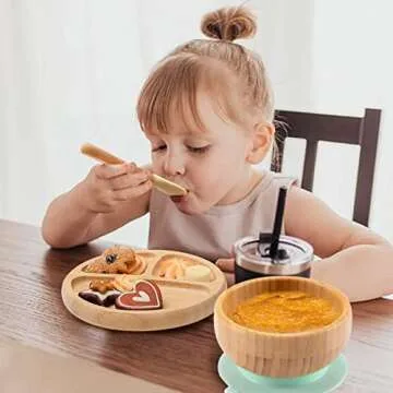 Baby Bamboo Plate and Bowl Set with Suction for Feeding
