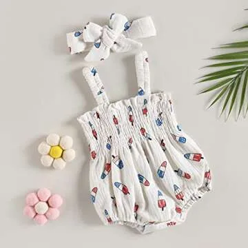 Bonangber 4th of July Baby Girl Romper with Headband
