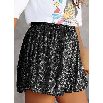 Dokotoo Shorts for Women Trendy 2023 Sequin Glitter High Rise Elastic Waist Straight Leg Casual Loose Party Shorts Vacation Outfits for Women Black Medium