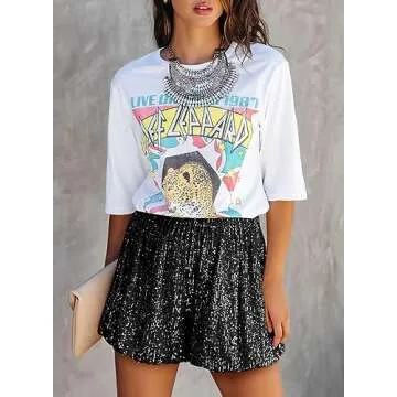 Dokotoo Shorts for Women Trendy 2023 Sequin Glitter High Rise Elastic Waist Straight Leg Casual Loose Party Shorts Vacation Outfits for Women Black Medium