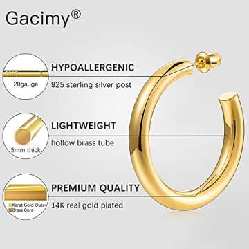 Gacimy Chunky Gold Hoop Earrings for Women 14K Gold Plated, 925 Sterling Silver Post Gold Hoops for Women, 50mm Yellow Gold Big Hoop Earrings