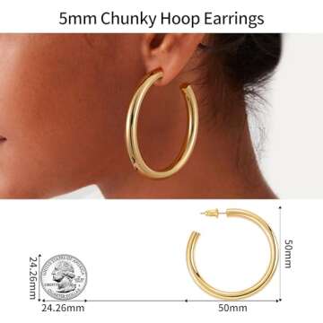 Gacimy Chunky Gold Hoop Earrings for Women 14K Gold Plated, 925 Sterling Silver Post Gold Hoops for Women, 50mm Yellow Gold Big Hoop Earrings