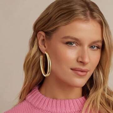 Gacimy Chunky Gold Hoop Earrings for Women 14K Gold Plated, 925 Sterling Silver Post Gold Hoops for Women, 50mm Yellow Gold Big Hoop Earrings