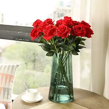 Laelfe 12 pcs Artificial Red Roses Flowers Long Stem Fake Silk Rose for Home Wendding Decorations(Red)